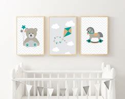 Trios De Quadros Para Quarto Infantil Urso Nuvem E Lua Elo