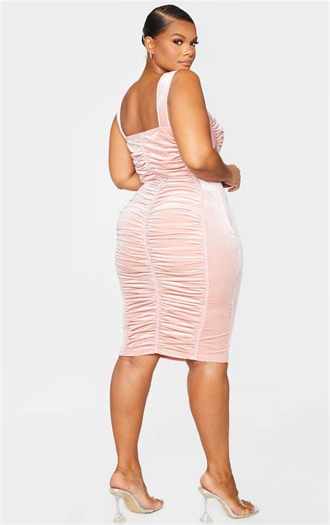 Plus Dusty Pink Velvet Ruched Detail Midi Dress Prettylittlething