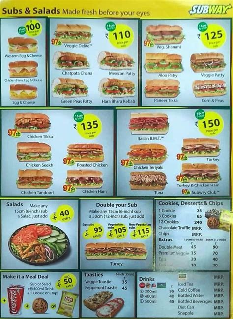 Printable Menu For Subway Restaurant