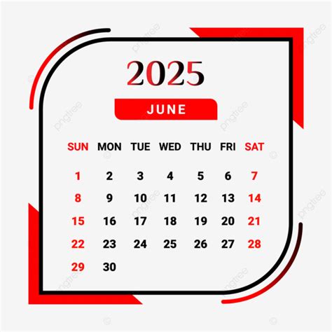 Kalender Bulan Juni 2025 Dengan Warna Merah Dan Hitam Vektor Kalender