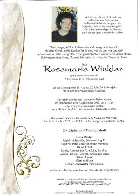 Parte für Rosemarie Winkler geb Feldner pax requiem