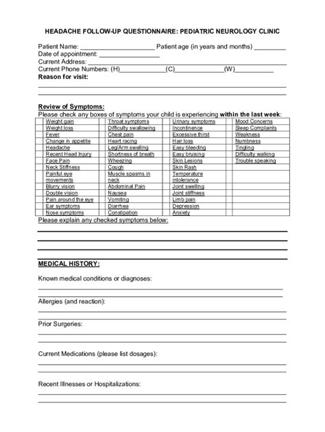 Fillable Online Headache Follow Up Questionnaire Pediatric Neurology