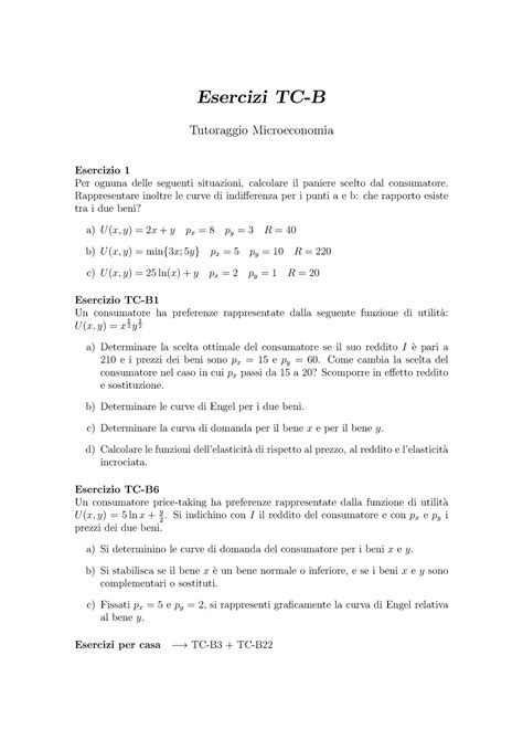 Esercizi 2 Esercizi TC B Tutoraggio Microeconomia Esercizio 1 Per