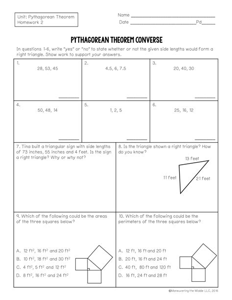 Unit Lesson Homework Pythagorean Theorem Converse Josh