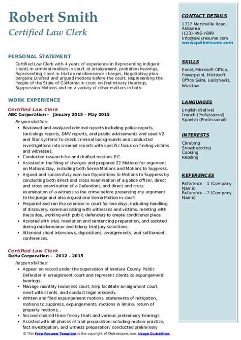 Certified Law Clerk Resume Samples Qwikresume