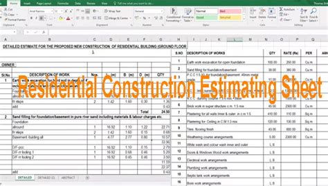 Home Building Estimate Spreadsheet Ms Excel Templates