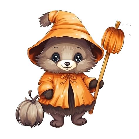 Cute Little Bear Wearing Halloween Costume And Holding Broom Halloween ...