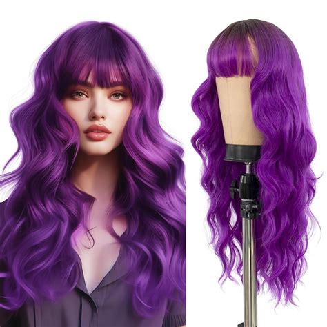 Long Ombre Purple Wigs With Bangs Middle Part Wavy Wigs For Women Natural