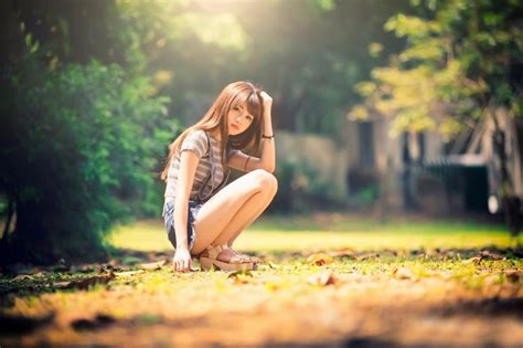 Sunlight Forest Women Outdoors Women Nature Grass Asian Sitting