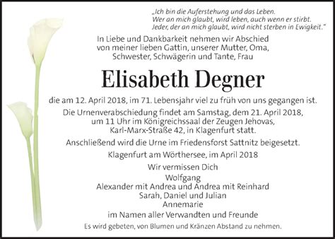 Traueranzeigen Von Elisabeth Degner Trauer Kleinezeitung At