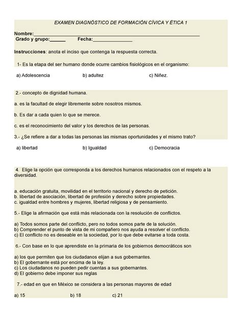 Examen Diagnóstico DE Formación Cívica Y Ética EXAMEN DIAGNÓSTICO DE