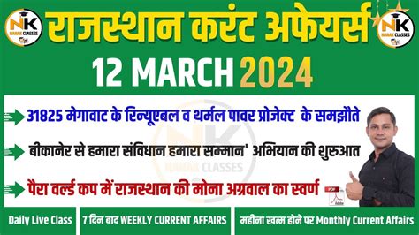 12 March 2024 Rajasthan Current Affairs In Hindi RPSC RSMSSB REET