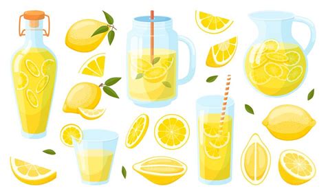 Cartoon Lemonade Lemon Refreshing Juice In Glasses And Jars Refresh