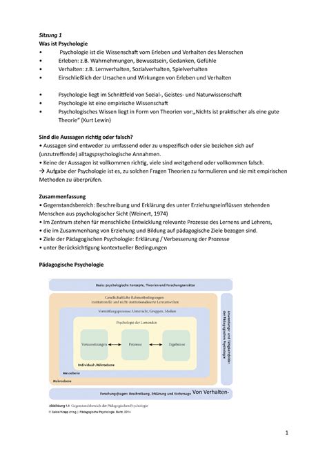 1 Zusammenfassung Psychologie I Teil 1 Sitzung 1 Was Ist Psychologie