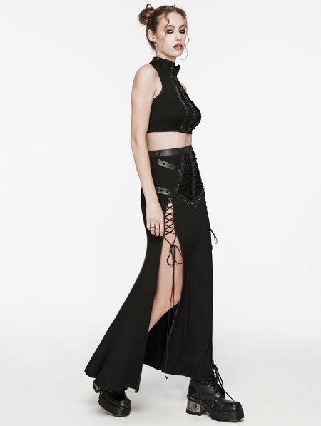 Black Gothic Punk Mesh Splicing Drawstring Slit Maxi Skirt Devilnight