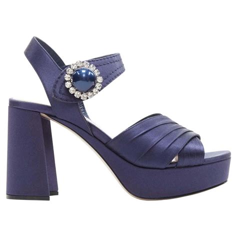 Navy Blue Satin Crystal Pearl Platform Chunky Heel Sandals Coveteur