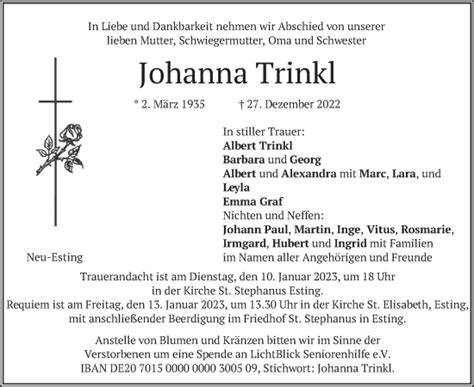 Traueranzeigen Von Johanna Trinkl Trauer Merkur De