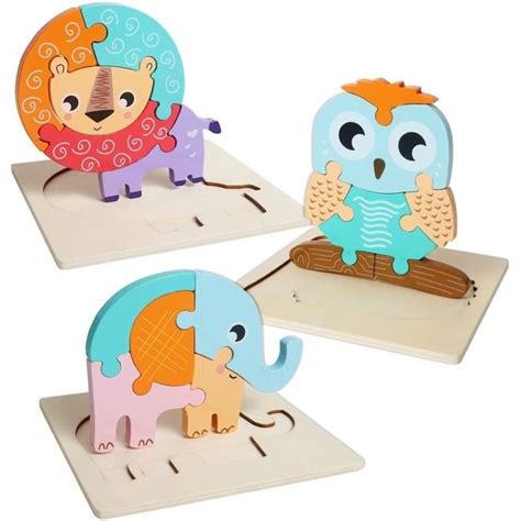 Puzzle 3D en bois pour enfants MARSEE Animaux 3 pièces