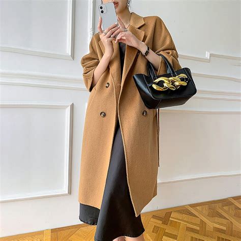 Women Double Faced Wool Overcoat Camel Wool Long Coat Oversize Wool