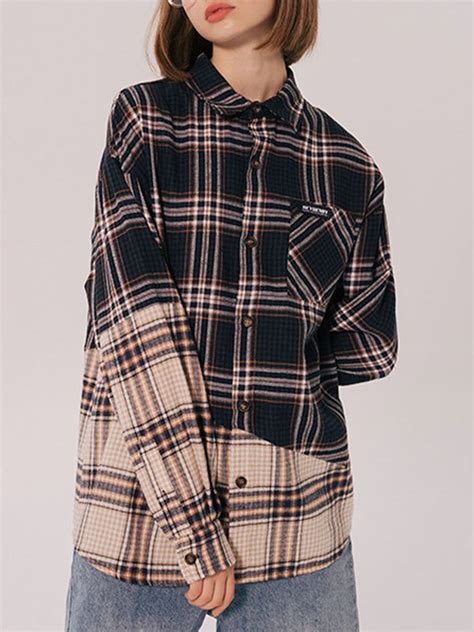 Emmiol Free Shipping 2024 Patchwork Long Sleeve Couple Checkered Blouse