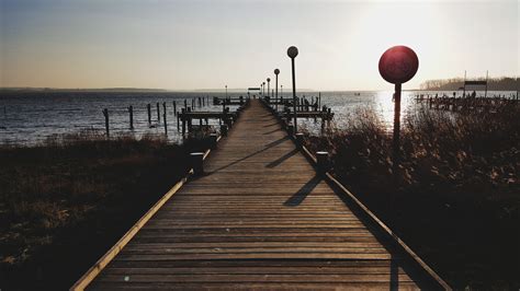 Brown Wooden Dock Beach Landscape Sunrise Sunset Hd Wallpaper