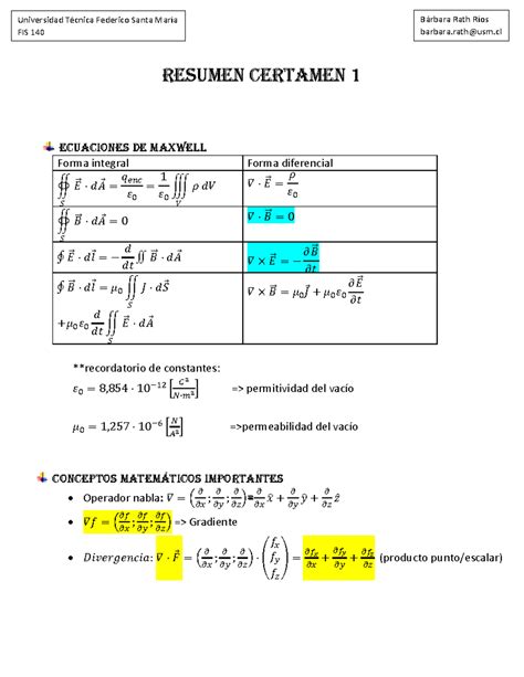 Resumen Certamen I RESUMEN CERTAMEN 1 ECUACIONES DE MAXWELL Forma