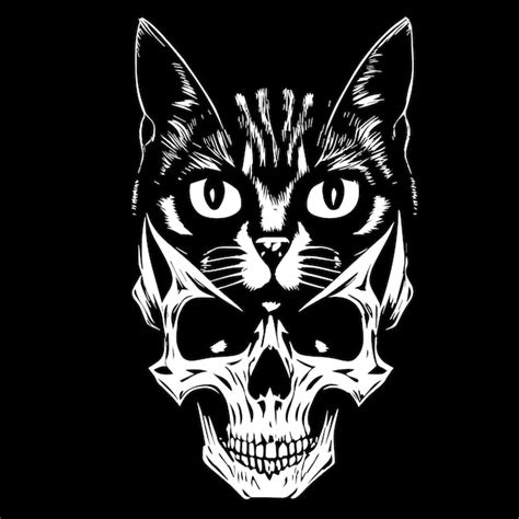 Camiseta De Calavera De Gato Impresa En Blanco Y Negro Imagen Vectorial