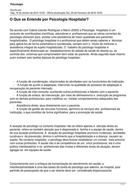 Pdf O Que Se Entende Por Psicologia Hospitalar De Interven O