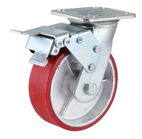 Swivel With Dual Metal Brake PU On Cast Iron Caster Red China