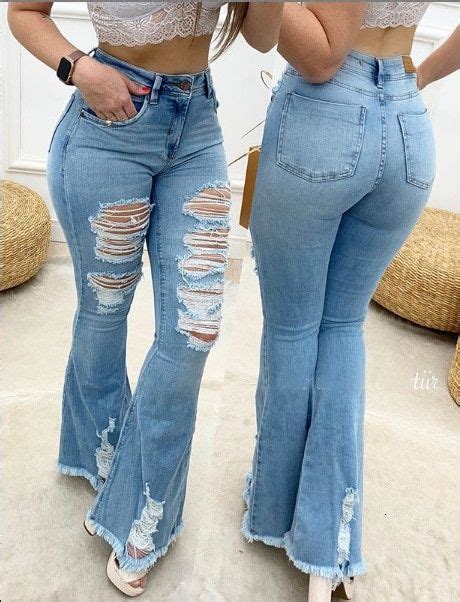 Stretch Distressed Wide Leg Jeans Woman High Waist Bell Bottom Skinny