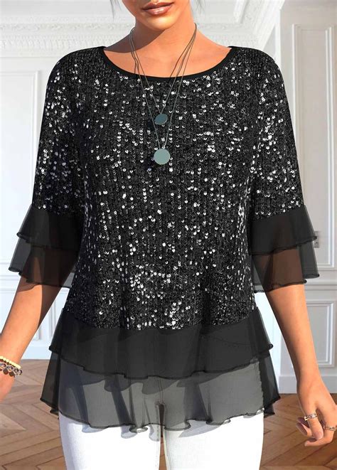 Black Sequin Half Sleeve Round Neck T Shirt Modlily USD 35 98