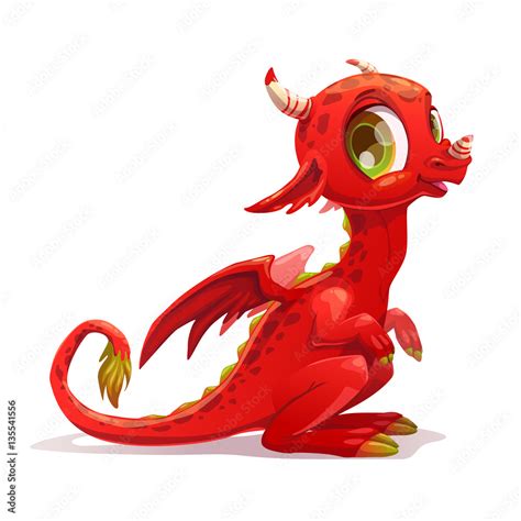 Funny cartoon little red sitting dragon. Stock Vector | Adobe Stock