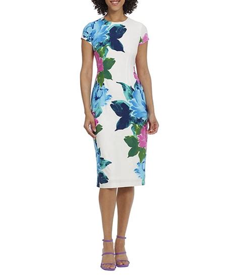 Maggy London Floral Print Stretch Cap Sleeve Midi Sheath Dress Dillards