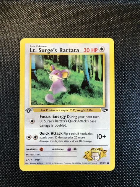 1st Edition Pokemon LT SURGE S RATTATA Card GYM CHALLENGE 85 132 First