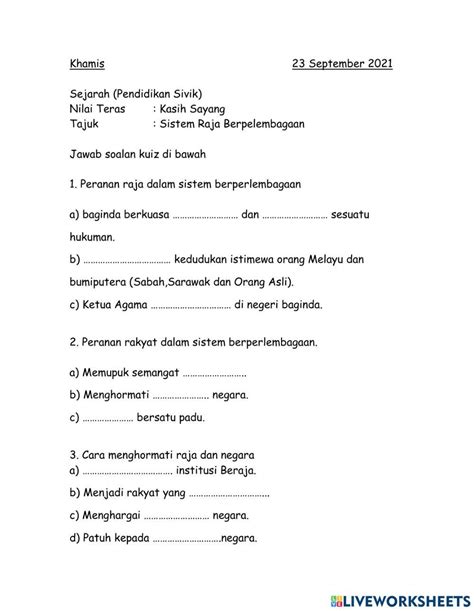 Sejarah Pendidikan Sivik Worksheet Live Worksheets