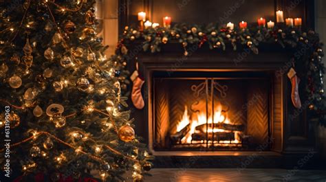 Un sapin de noël avec une cheminée et ses décorations Stock