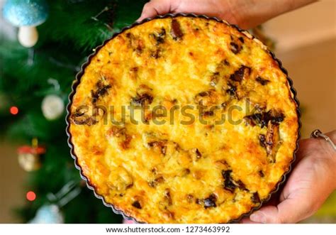 Hands Holding Homemade Quiche Lorraine French Stock Photo 1273463992