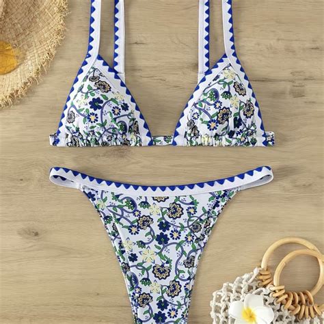 Blue Floral Print Whip Stitch Piece Set Bikini Depop