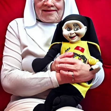 A Nun In Church Holding Chucky The Killer Doll On Her Stable