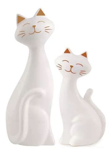 2 Escultura Gatos Branco Detalhe Dourado Porcelana Luxo