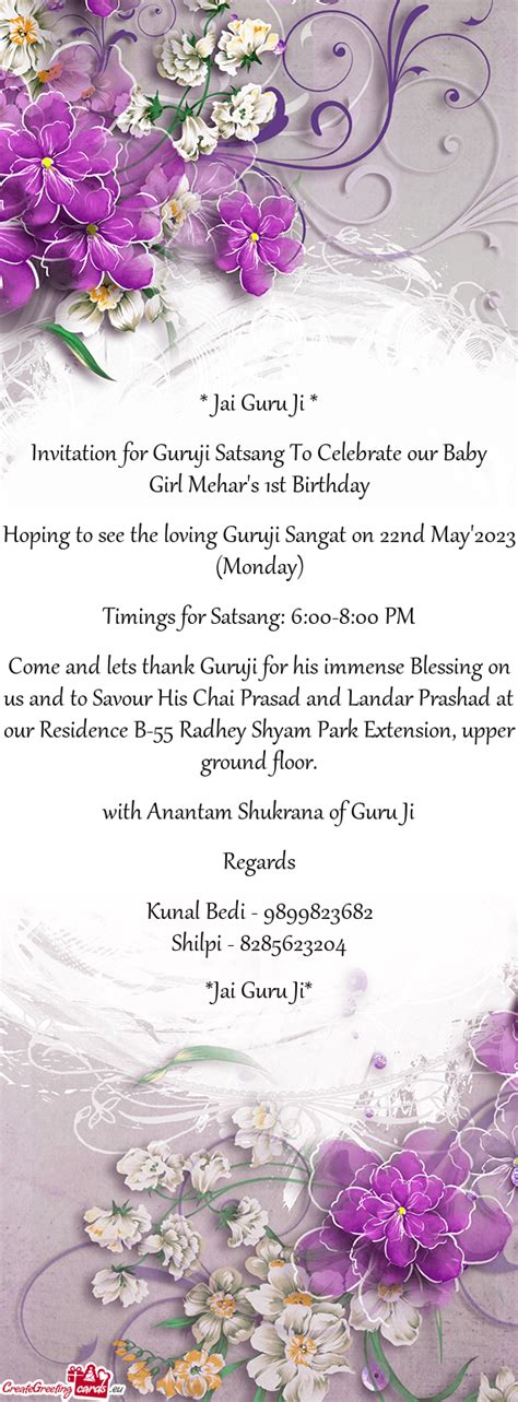 Invitation For Guruji Satsang To Celebrate Our Baby Girl Mehar S 1st