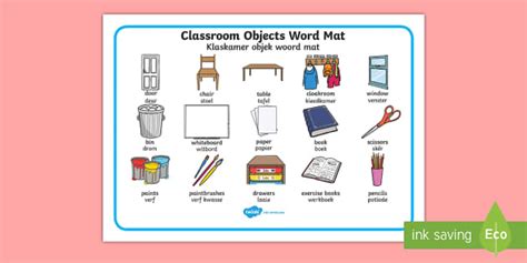 Classroom Objects Word Mat A Afrikaans English Classroom