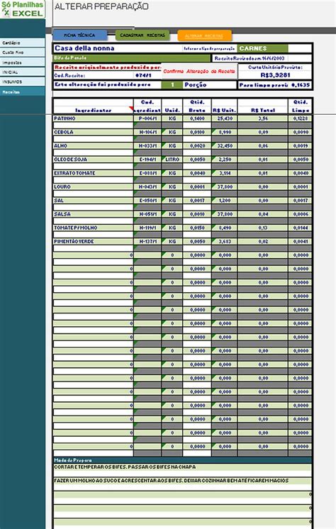 Ficha T Cnica Para Restaurantes S Planilha Excel