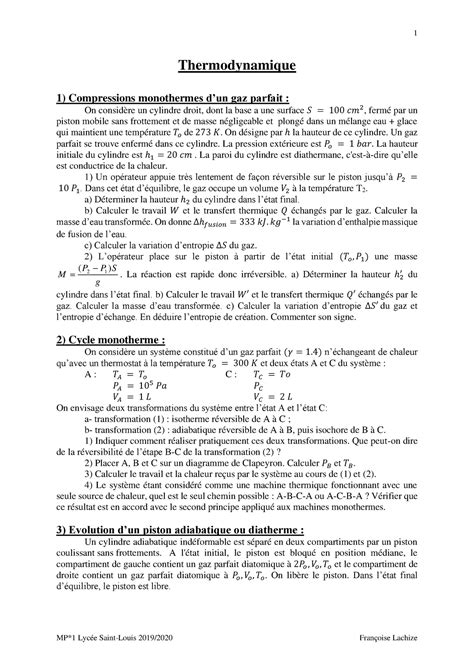 Thermodynamique On désigne par ℎ la hauteur de ce cylindre Un gaz