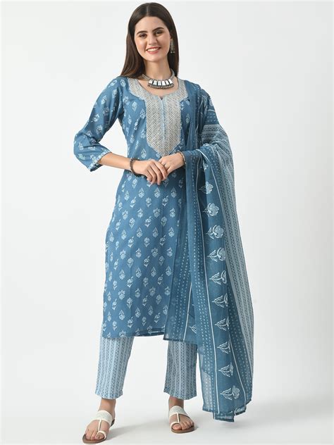 Buy KALINI Floral Printed Notch Neck Sequinned Cotton Straight Kurta