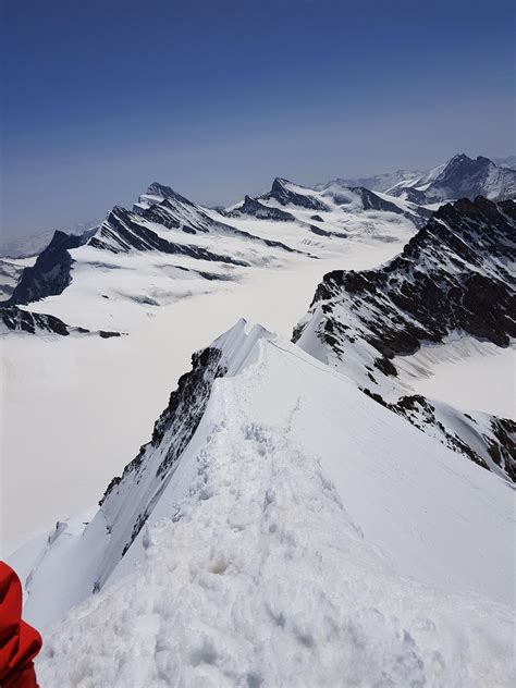 On top of the Monch (4,110m) looking away from the summit towards the ...