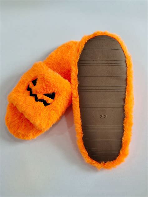 Halloween Fuzzy Slippers Pumpkin Shoes Orange Jack O Etsy