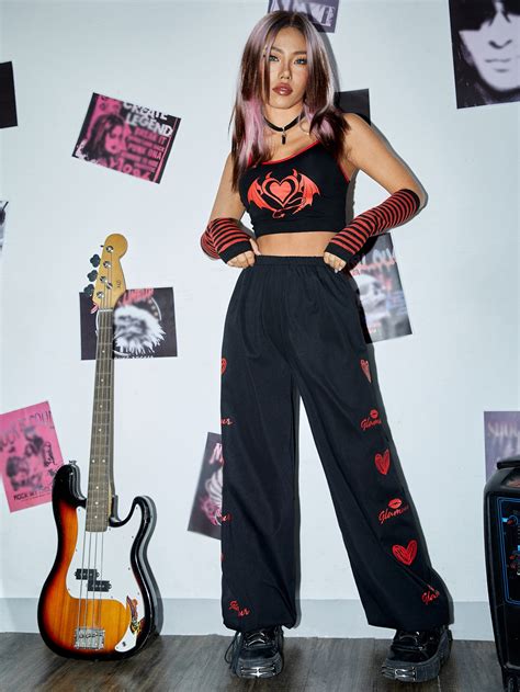 ROMWE PUNK Pantalon à imprimé cœur et lettre à taille élastique Mode