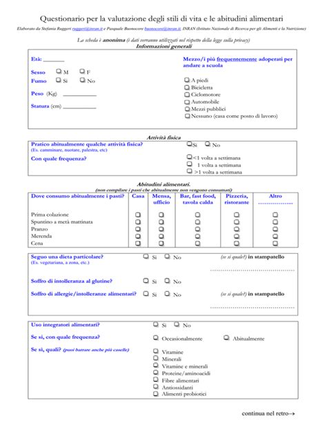 Questionario Abitudini Alimentari Pdf