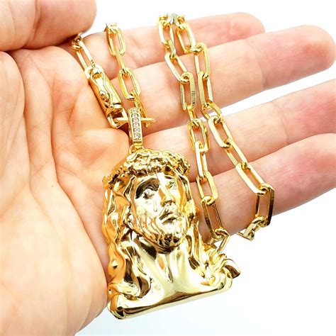 Corrente Tijolinho Pingente Face Jesus Banhado Ouro 18K 6mm Sevilha Joias